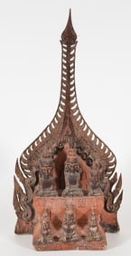 Carved wooden altar piece. Northern Thailand or Myanmar Shan. 6 buddhas seated in two rows with a