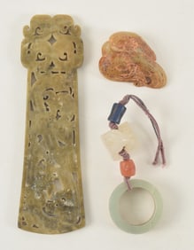 3 jades. To include a tablet, a phoenix, and a pendant of jade, carnelian and glass.