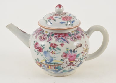 Porcelain teapot. China. 18th century. Export ware. Famille rose decoration of birds and flowers.