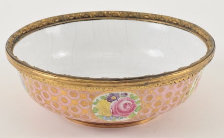 Enamel bowl. French. 19th century. Floral decoration on a latticed ground. Ormulu mounts. 8 x