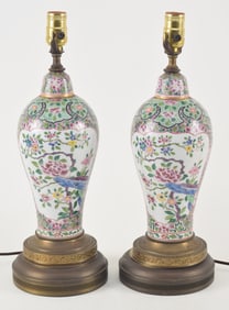 Pair of porcelain vases. France. Ca. 1880. Samson ware. Floral decoration. Drilled and mounted as