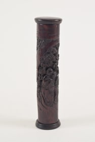 Carved bamboo incense case. China. Early 20th century. Surface carved with figures. 8in.