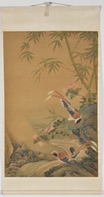 Chinese scroll painting. Ink and colors on silk. Birds in a flowering landscape.