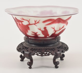 Peking red and white glass bowl and stand, 20th Century. Diameter 8.5in, height 3.25in