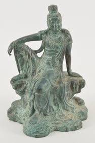 Bronze image of the goddess of mercy "The Water Moon viewing" Kuan Yin. China. 20th century. 15.5in