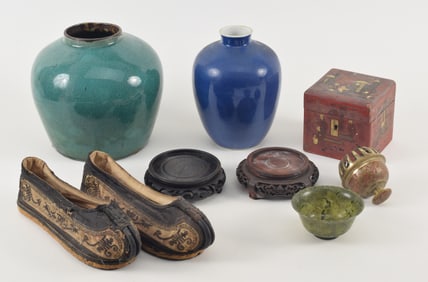 Lot of 7 items. China. 19th century. To include: a pair of shoes, 2 stands, jade cup, lacquer box,