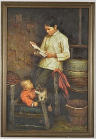 Chinese genre scene painting of a mother, child and cat. Oil on canvas. Framed.