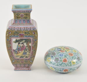 2 porcelains. China. 20th century. A square form Chien Lung marked famille rose vase and a Yung