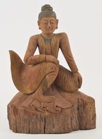Figural Asian wood carving of a dancer. Polychrome decoration.