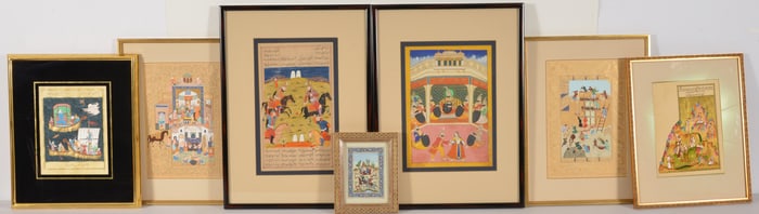 Lot of 7 framed Indo-Persian manuscript paintings. Framed under glass.