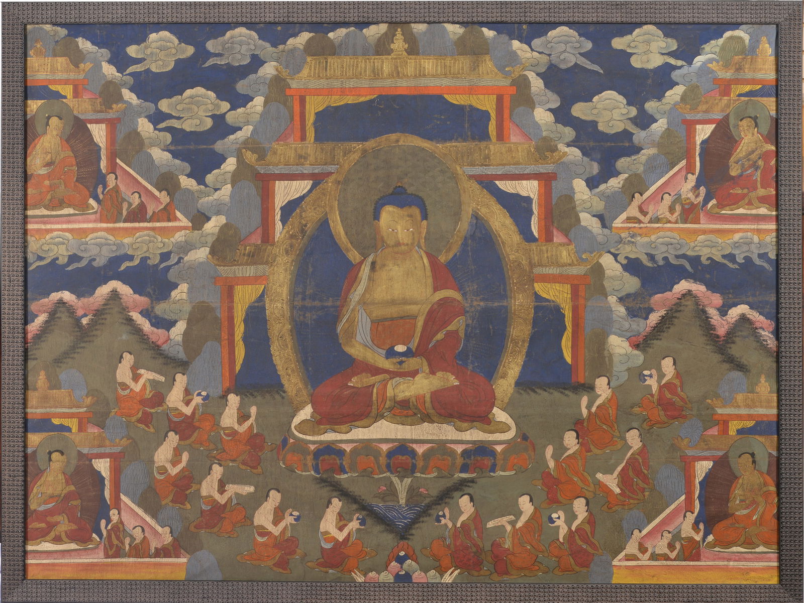 Buddhist icon. North China. Late 19th century. Large thangka of Amida with monasteries and clerics.: Buddhist icon. North China. Late 19th century. Large thangka of Amida with monasteries and clerics. Framed.