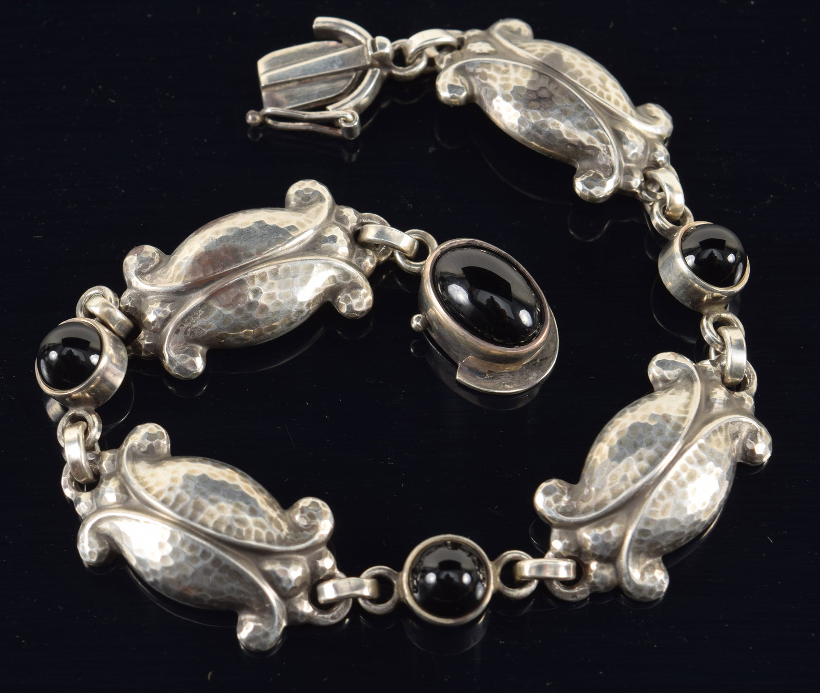Georg Jensen, Denmark. Sterling silver link bracelet. Floral and onyx # 11. 1.16 ozt. Length 7 3/8 (1 of 4)