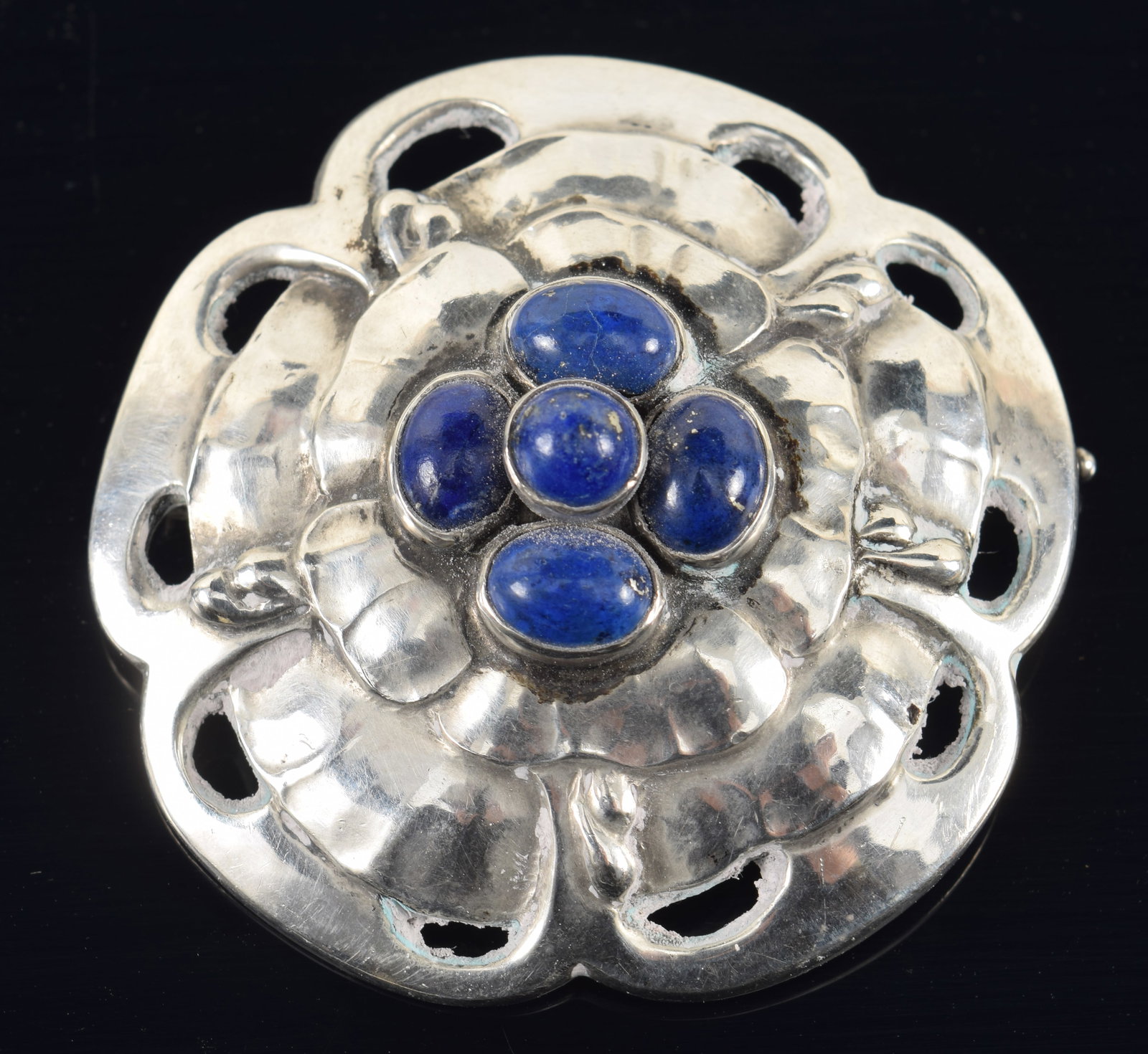 Georg Jensen, Denmark. Sterling silver brooch. Blossom with lapis lazuli. #59. 0.64 ozt. Width 2 in. (1 of 4)