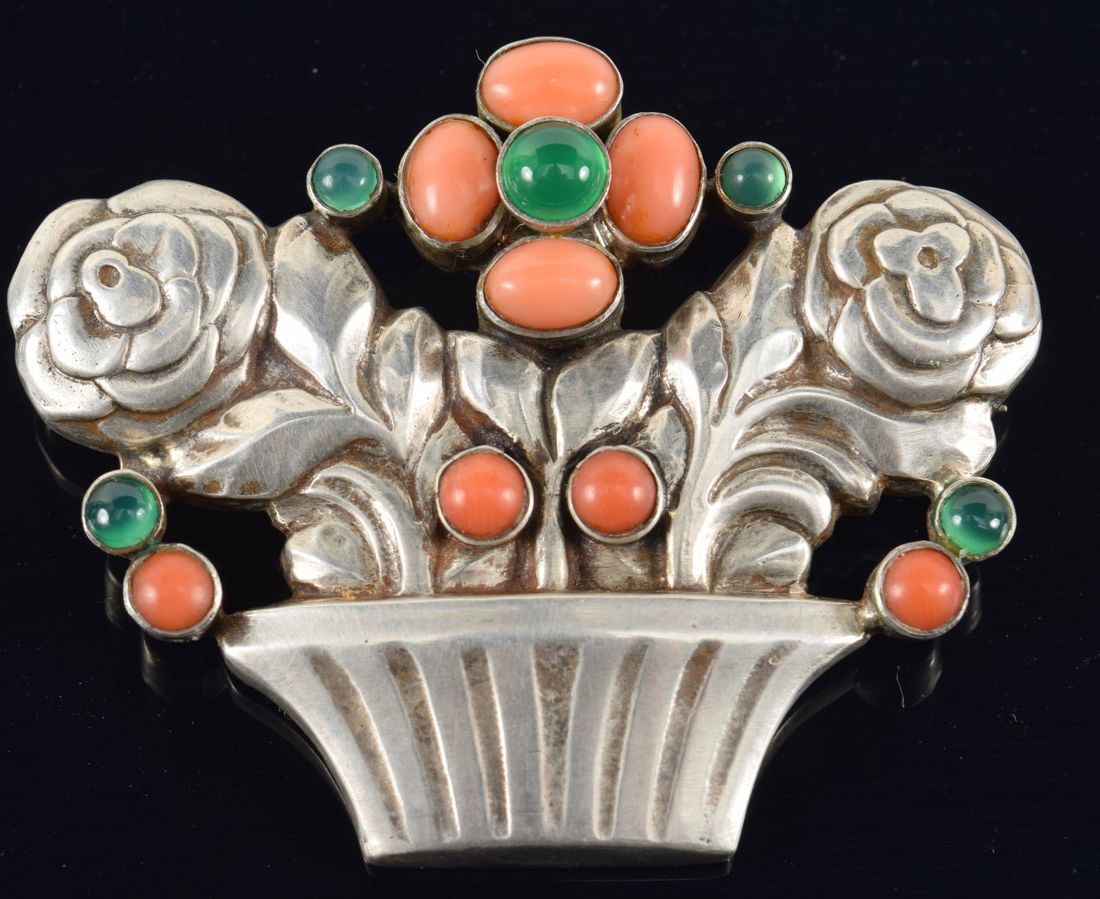 Georg Jensen, Denmark. Sterling silver brooch. Basket of flowers with coral and chrysoprase. #67. (1 of 4)