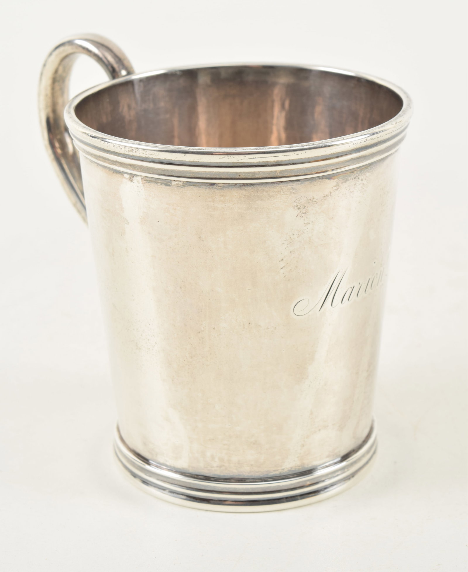 Lincoln & Foss Boston coin silver cup with handle. Early 19th century. Marked on base. Inscribed: Lincoln & Foss Boston coin silver cup with handle. Early 19th century. Marked on base. Inscribed "Marion". 3.5in H. 5.2 ozt. Provenance: From a Massachusetts collection.