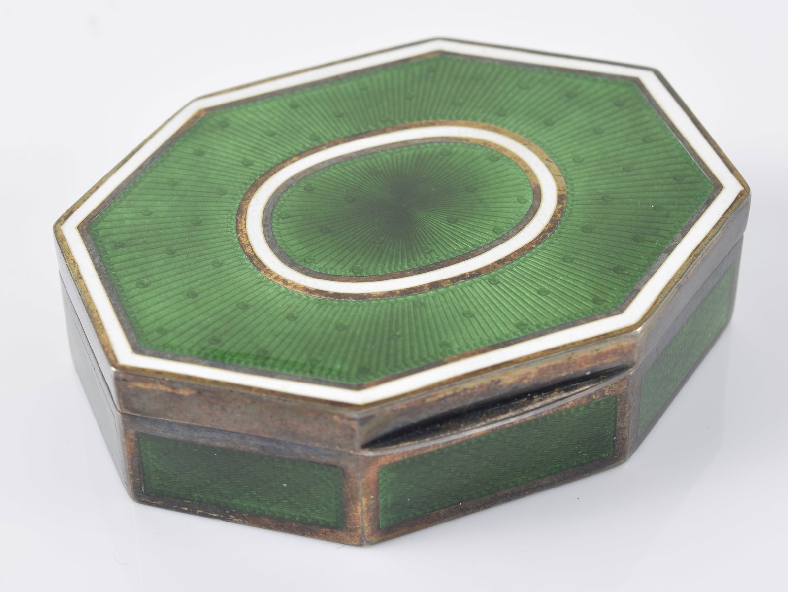 Antique fine guilloche enamel decorated sterling silver box. Octagonal form with green enamel panels (1 of 9)