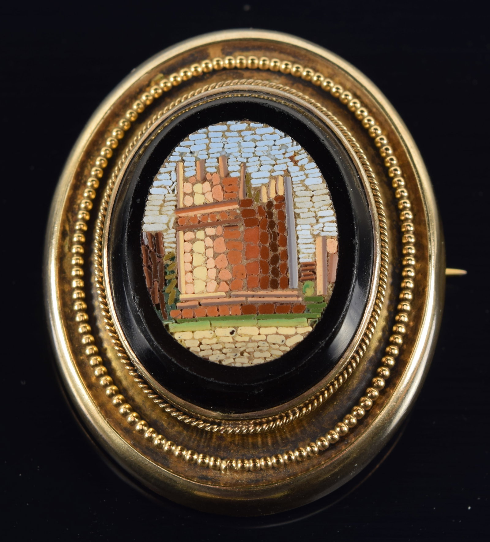 14K gold micro mosaic oval pin depicting classical ruins. Bead decorated multi level frame. (1 of 5)