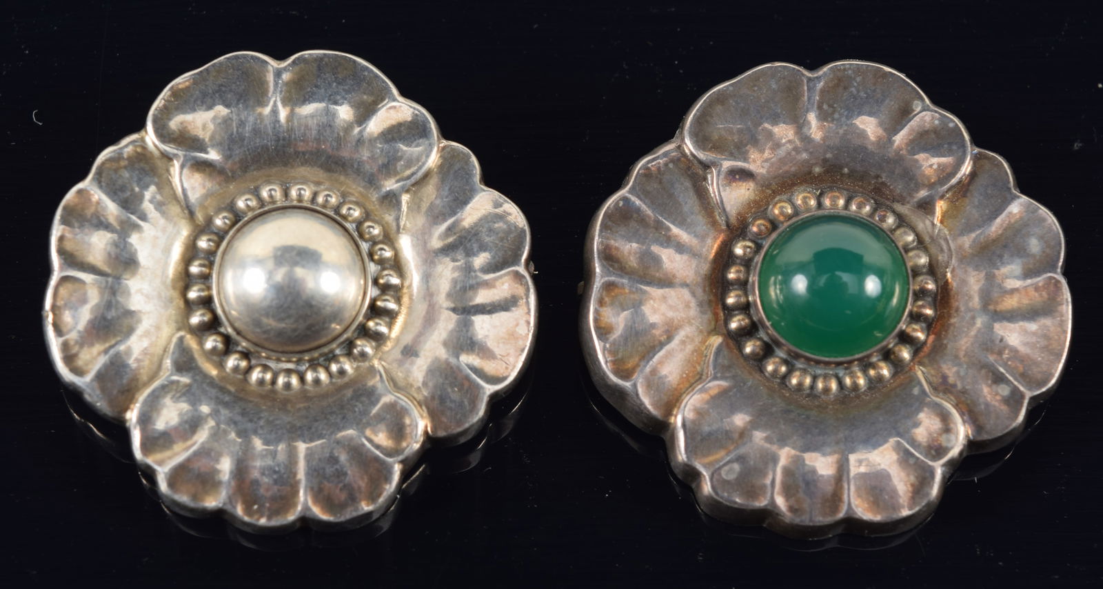 Georg Jensen, Denmark. 2 Sterling silver brooches. Floral blossom with chrysoprase and one silver: Georg Jensen, Denmark. 2 Sterling silver brooches. Floral blossom with chrysoprase and one silver bead #189 B. 0.56 ozt. Widths 1 1/4 in.