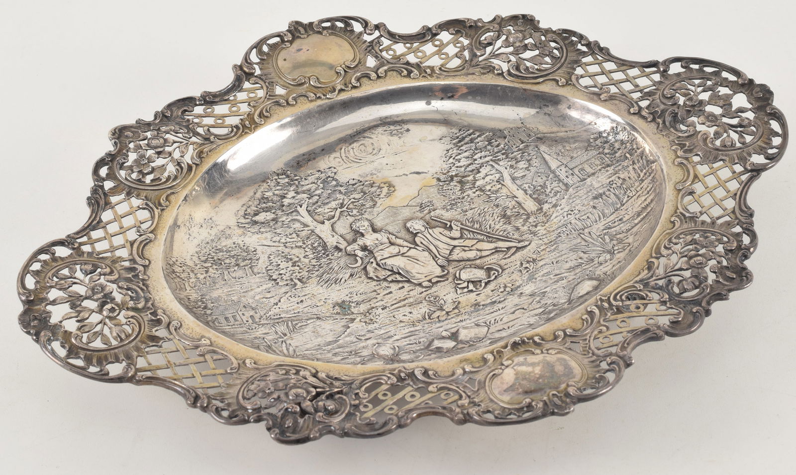 Continental silver footed dish. Elaborate repousse decoration of peasants in a bucolic landscape (1 of 10)