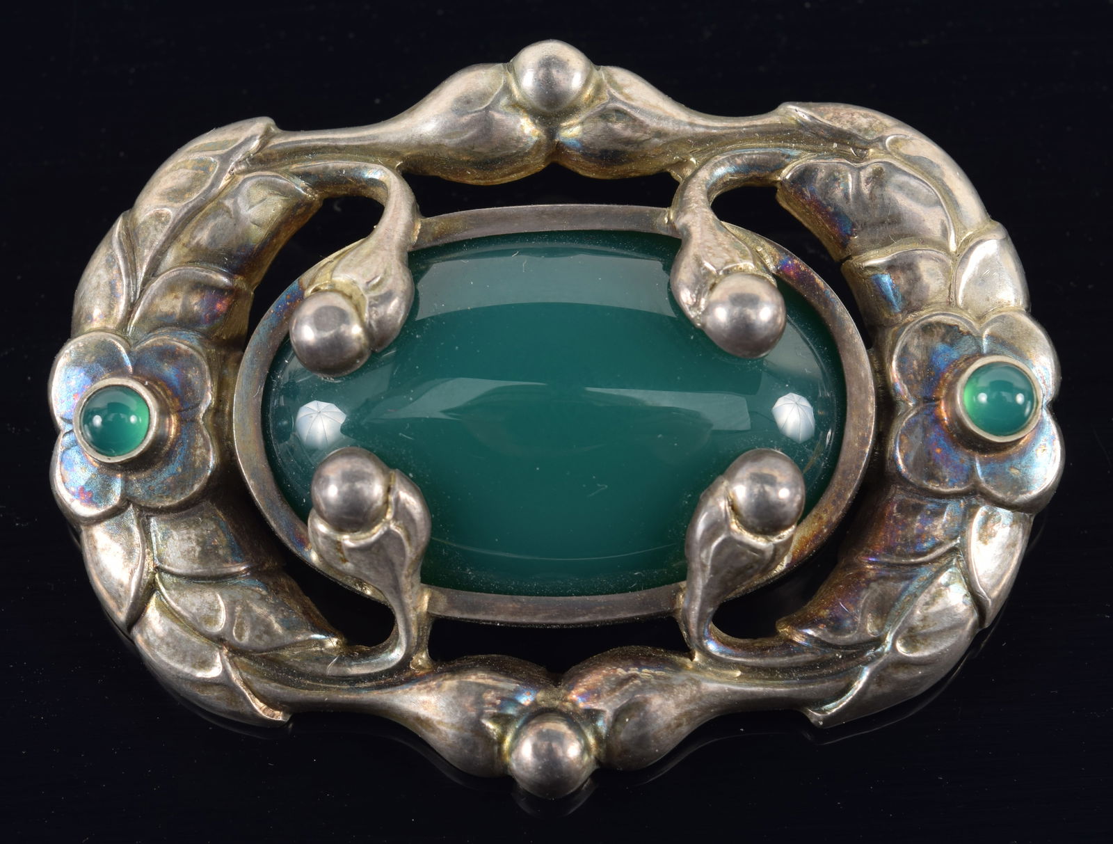 Georg Jensen, Denmark. Sterling silver brooch. Floral with green agate and ch. #169. 0.86 ozt. Width (1 of 4)