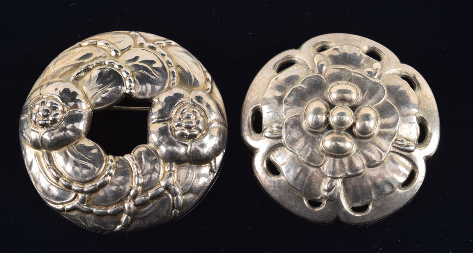 Georg Jensen, Denmark. 2 Sterling silver brooches. Floral blossom, #59 and foliate and blossom (1 of 5)