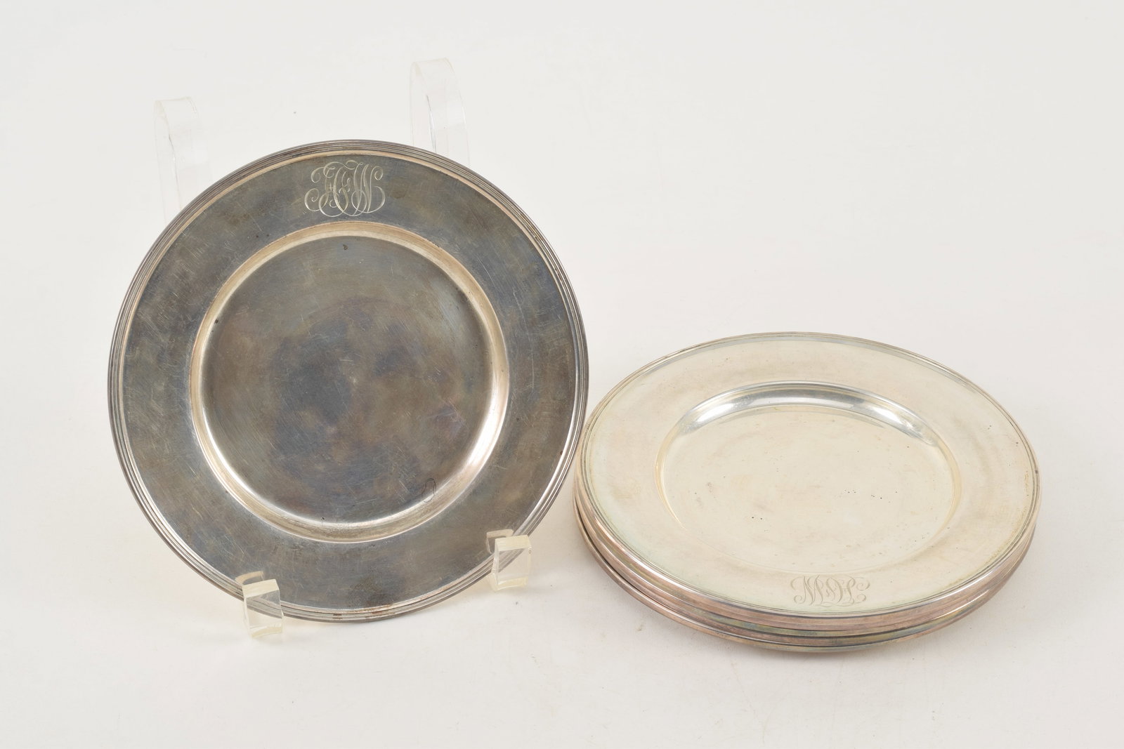 Set of 6 sterling silver dishes for Shreve Crump & Low. Monogrammed. 6.25in diameter. 22.9 ozt total (1 of 6)