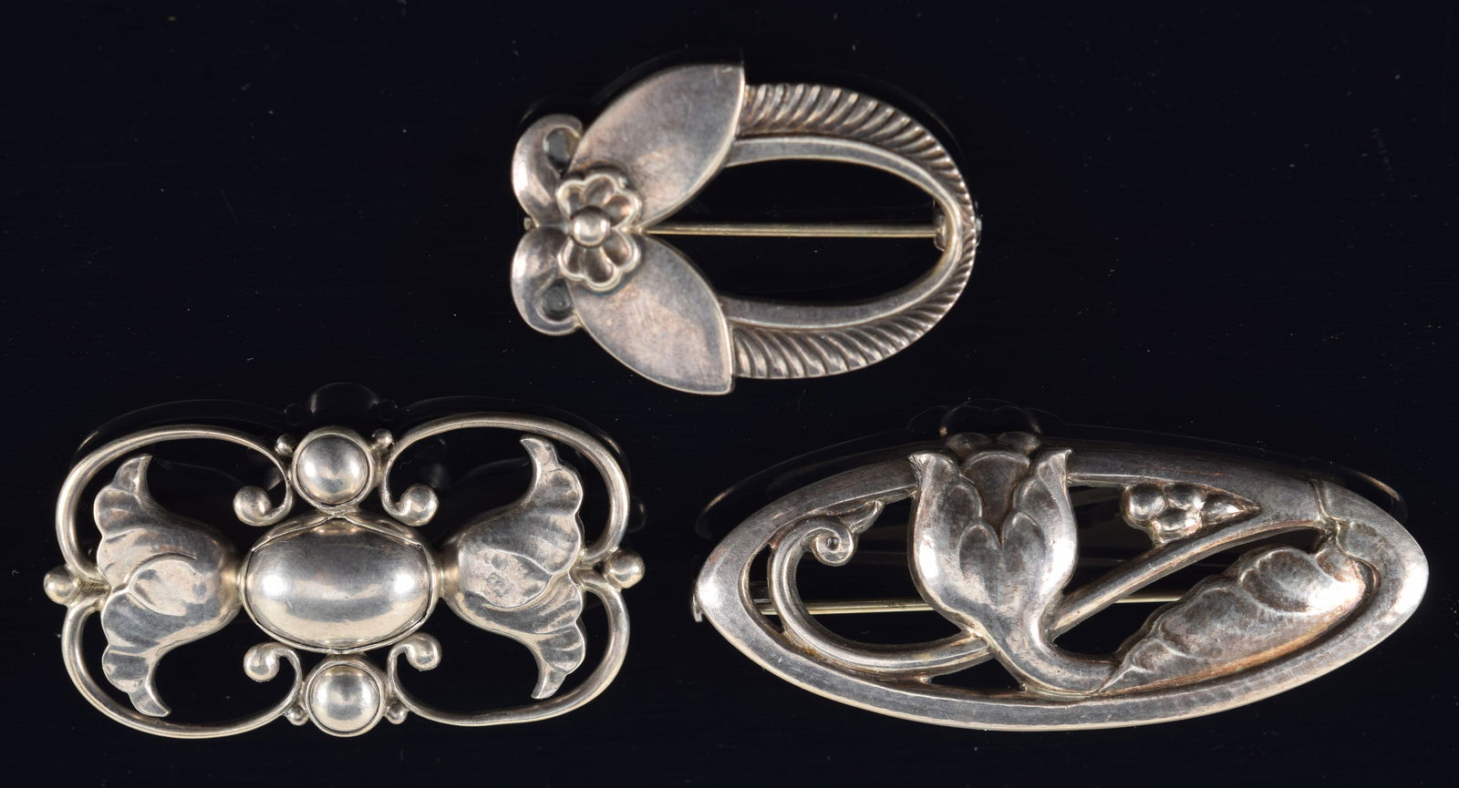 Georg Jensen, Denmark. 3 Sterling silver pins. Open work blossom, #236A, Jugendstil Tulpenbrosche (1 of 7)