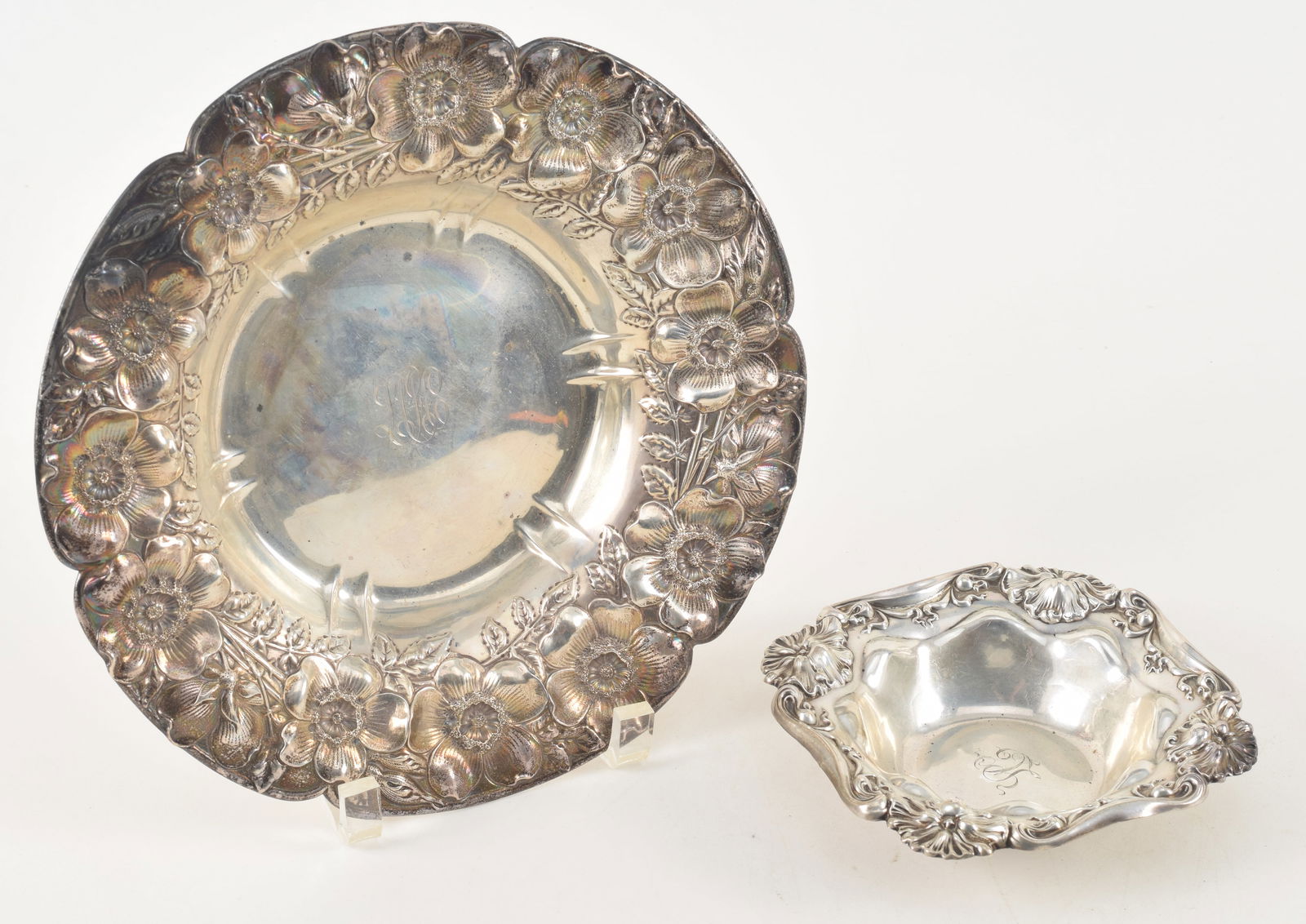 2 sterling silver repousse bowls. 1) Wide rimmed floral decoration bowl. Monogrammed. 9.5in (1 of 7)