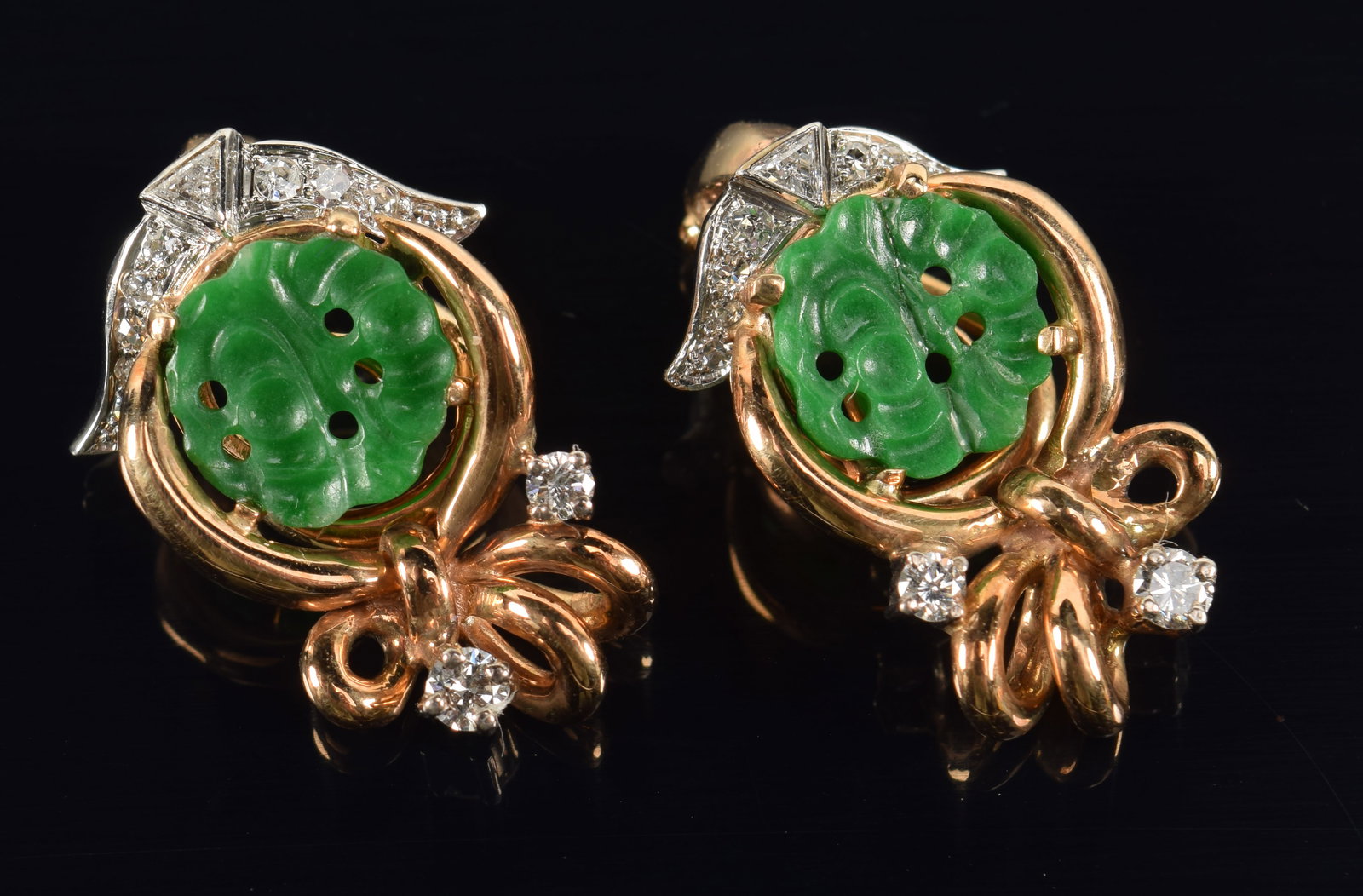 14K gold jade and diamond mounted earrings. Pierced green jade discs in gold bow setting with white (1 of 3)