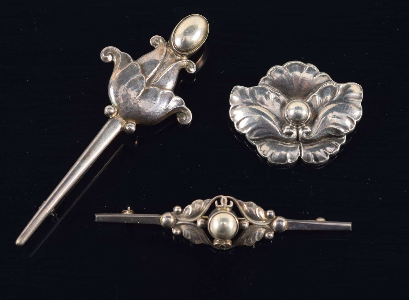 Georg Jensen, Denmark. 3 Sterling silver pins. Bar pin wit foliate and bead, #224B, floral blossom (1 of 8)