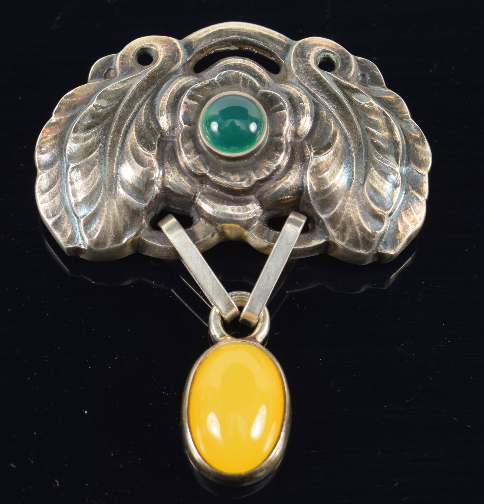 Georg Jensen, Denmark. Sterling silver brooch. Floral blossom with Chrysoprase and drop yellow (1 of 3)