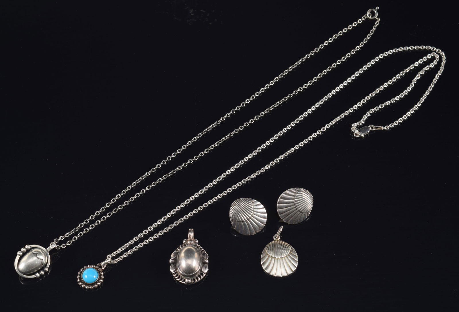 Georg Jensen, Denmark. 5 Sterling silver items. Bead and turquoise pendant 9A, oval bead, #1995, (1 of 8)