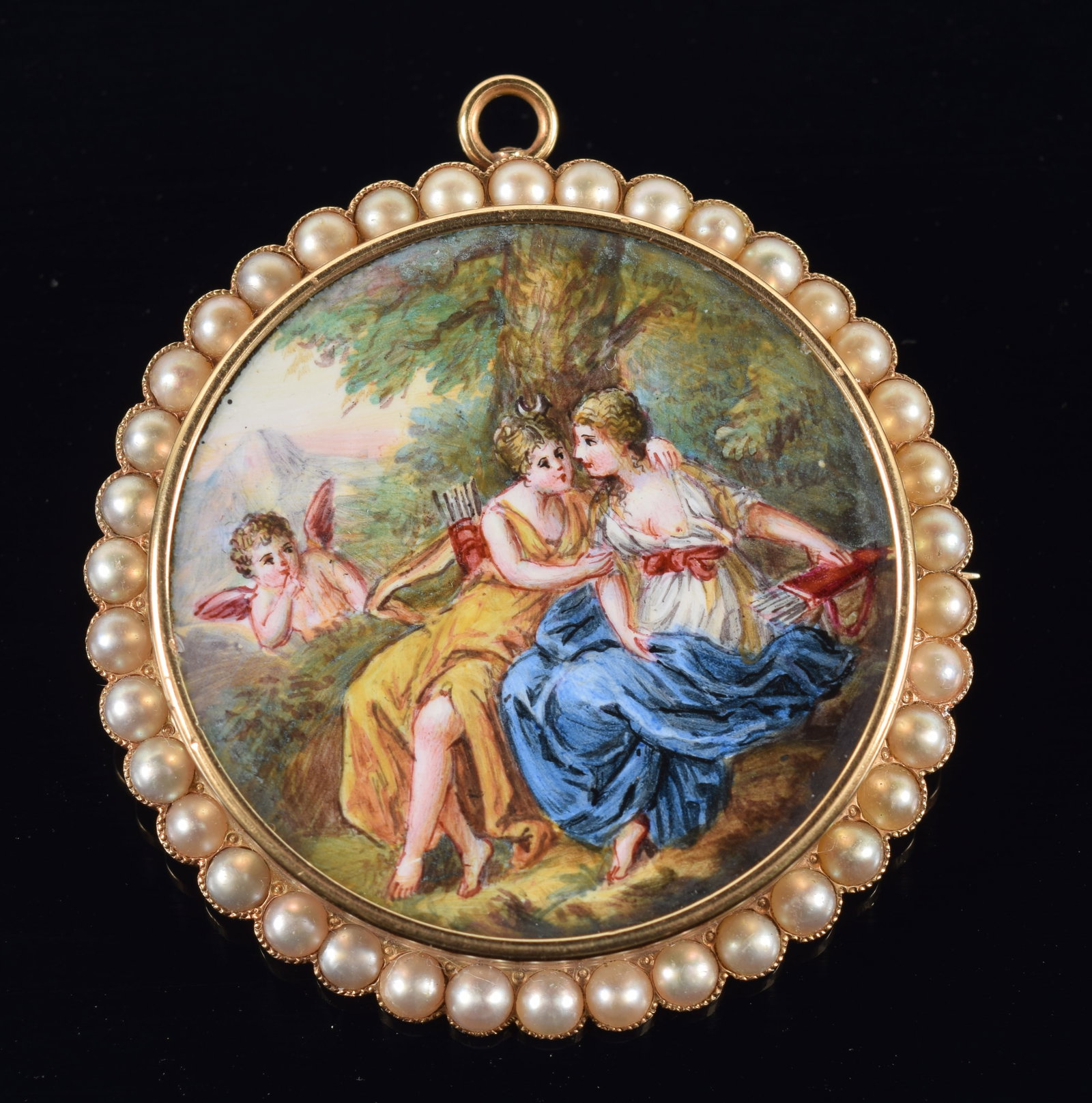 Antique 14K gold enameled pin/pendant. Enamel pin depicting a scene with amorous couple and cherub (1 of 4)