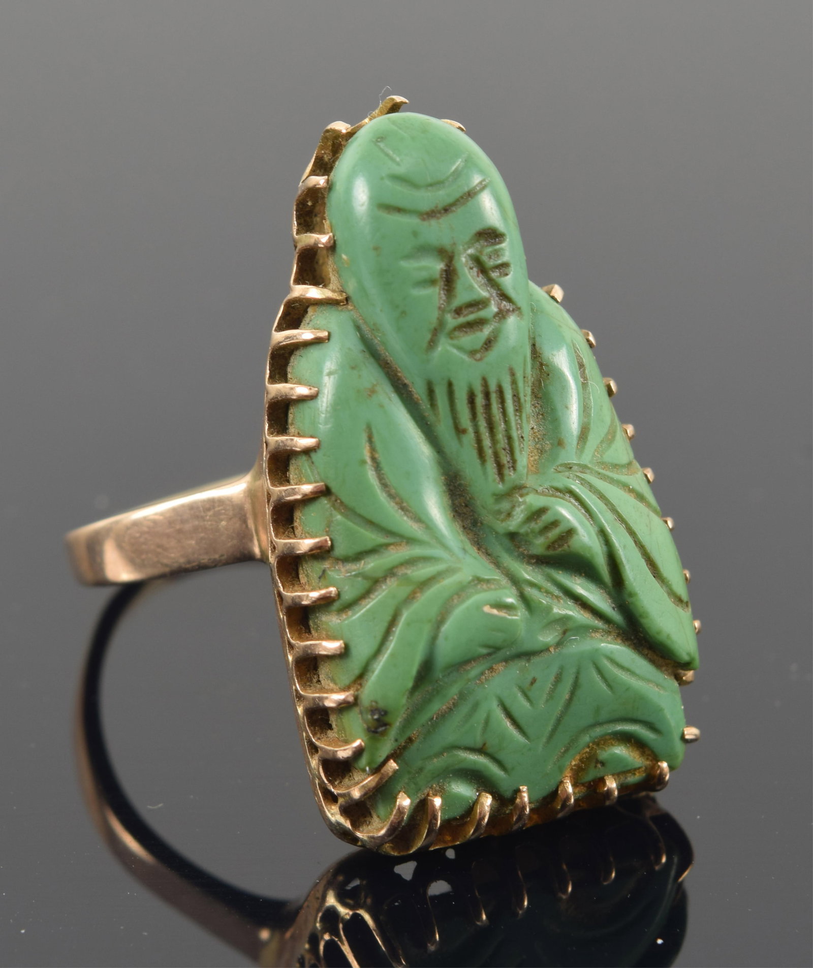 Vintage 14K gold ring set with a Chinese turquoise carving of a buddha. Figure measures about 1 (1 of 4)