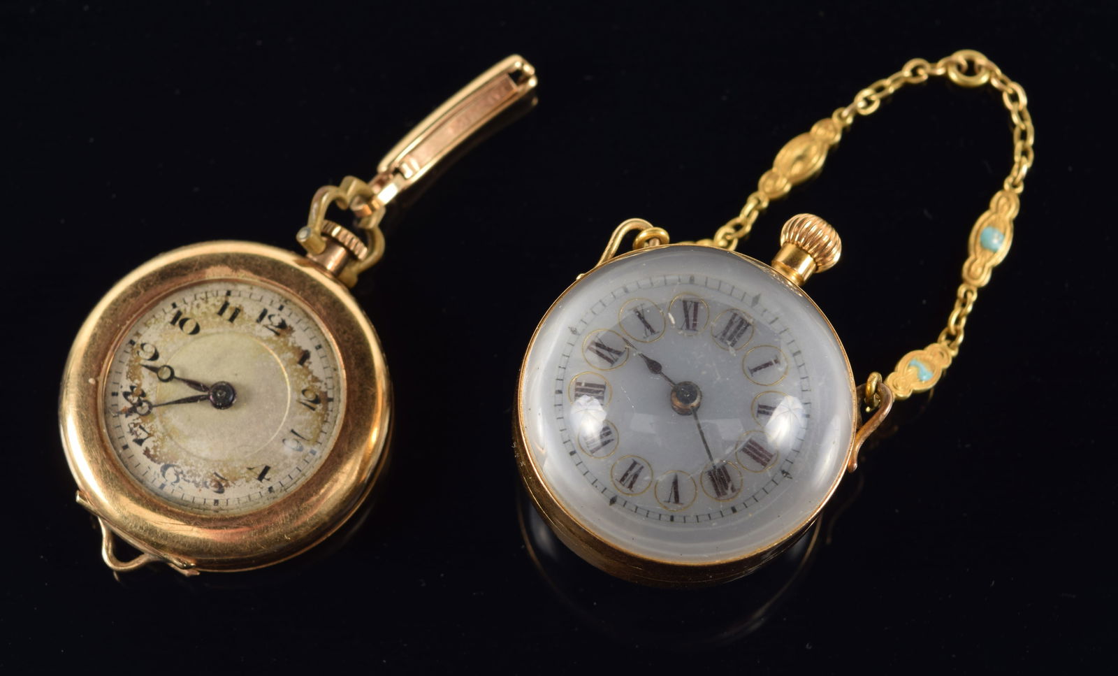 2 antique gold pendant watches. 1) Ball pendant watch with domed crystal front and back and an (1 of 6)