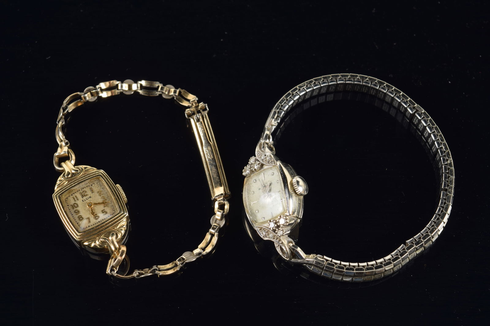 2 vintage ladies wristwatches. 1) Hamilton 14K gold case with diamonds. Elastic band. 2) Elgin gold (1 of 5)