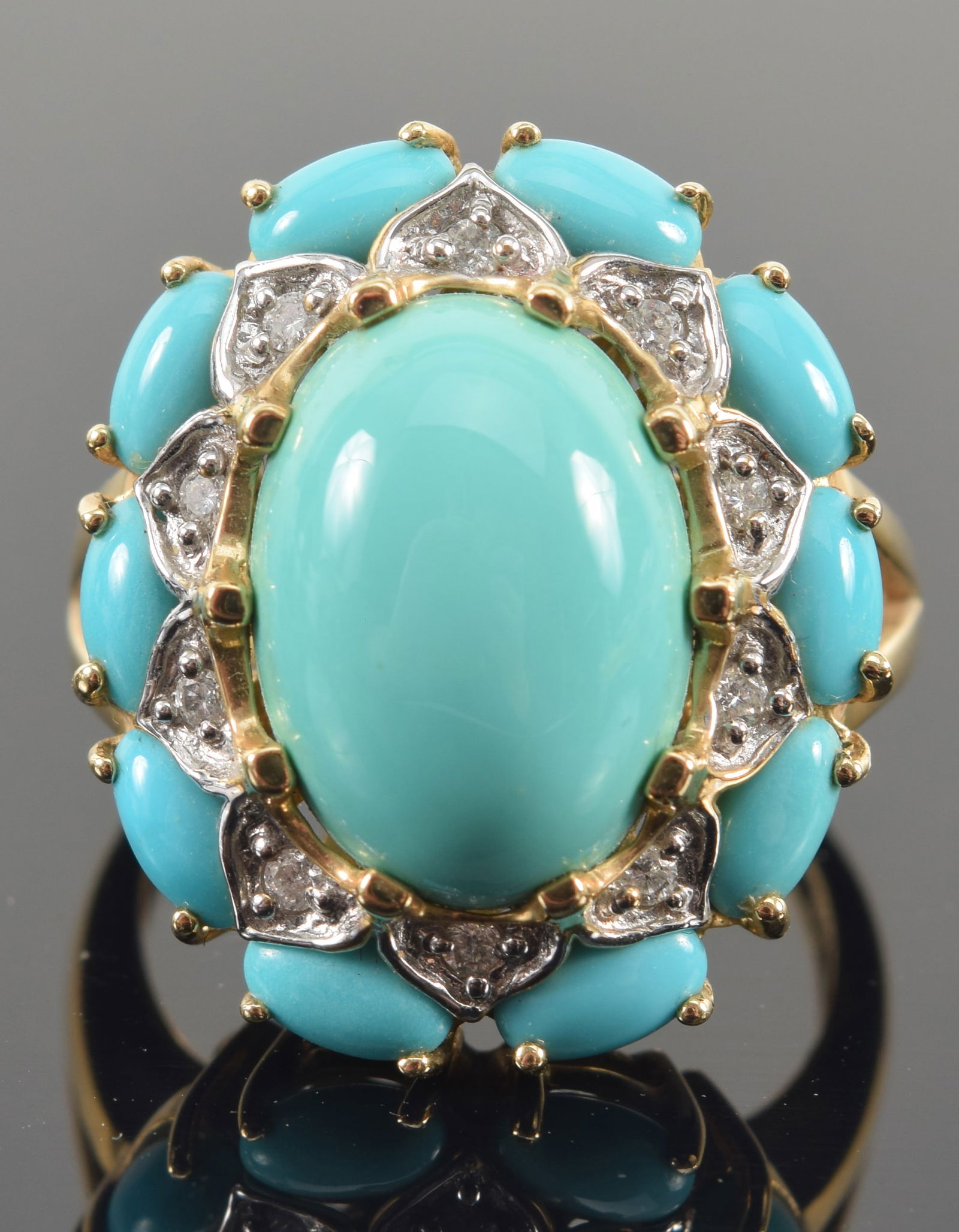 14K Levian turquoise and diamond mounted ring. Oval center stone. Surrounded by diamonds. 7/8in (1 of 9)
