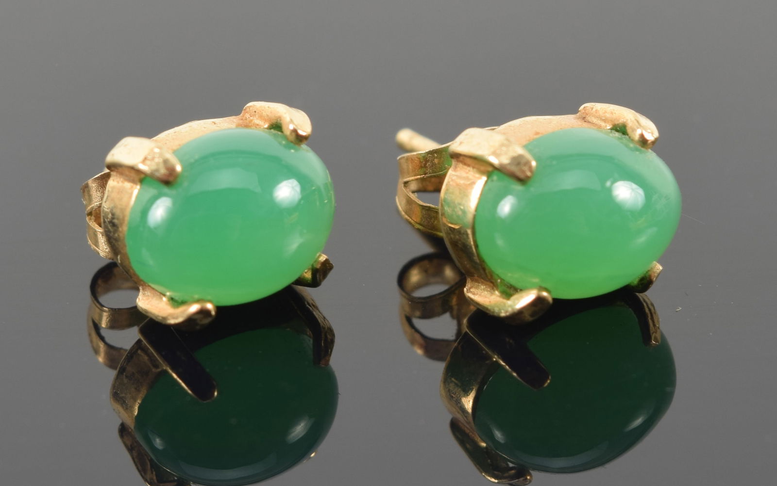 14K gold chrysoprase stud earrings. Marked 14K. 2.1 grams. (1 of 4)