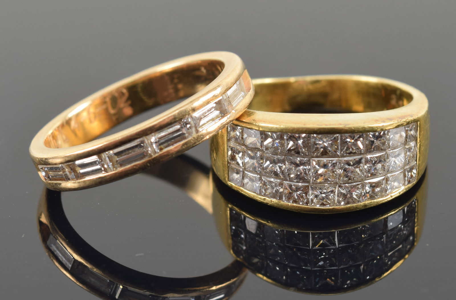 2 gold diamond rings. 1) 18K gold diamond pave ring. Set with 3 rows of graduated square cut (1 of 4)
