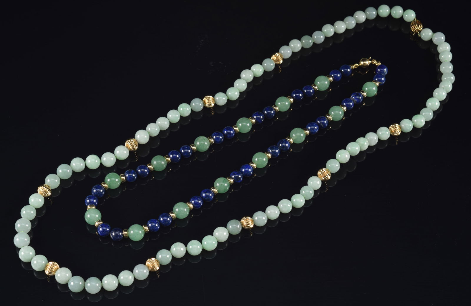 14K gold jade beaded necklaces. 1) Jade and lapis beaded necklace with 14K gold clasp and spacers. (1 of 7)