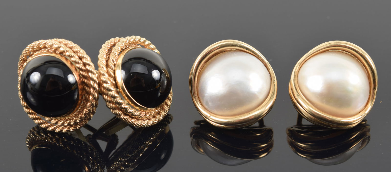 2 pairs of 14K gold earrings. One set with mabe pearls and one with onyx cabochons and braided (1 of 4)
