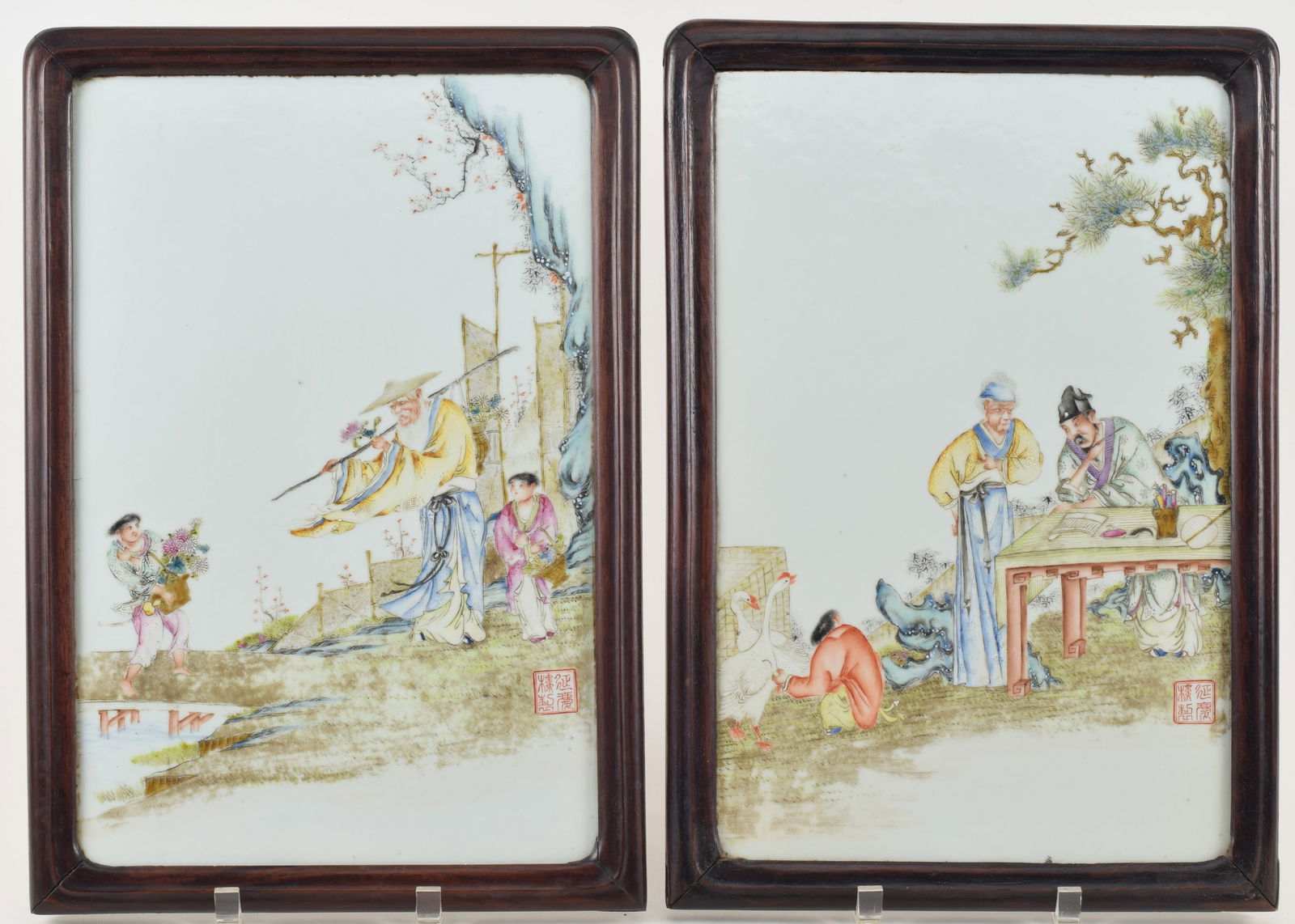 19th/20th century Chinese porcelain plaques. Fine famille rose scenic plaques with scholars and boy (1 of 8)