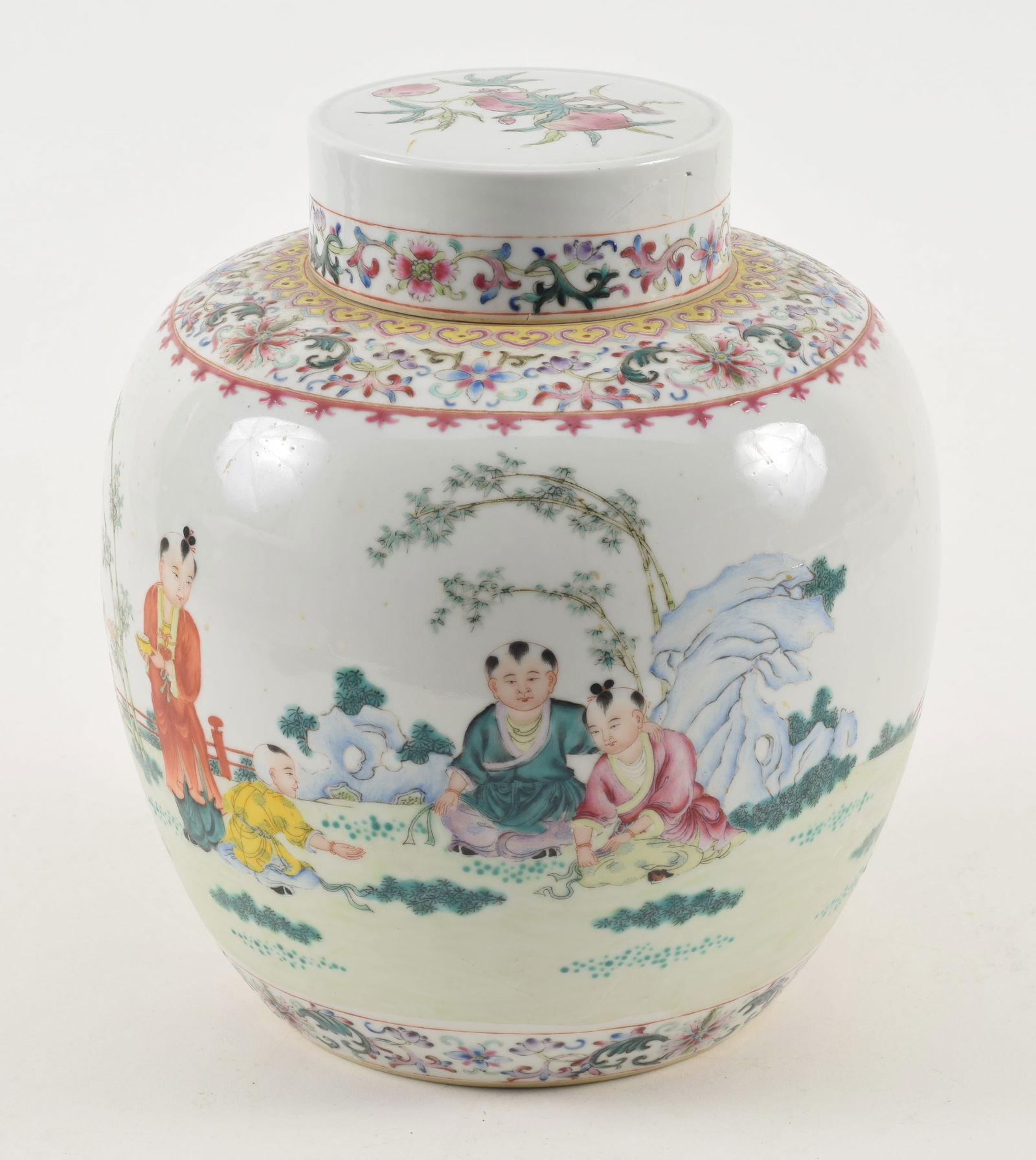 Chinese Republic Period porcelain fine quality covered jar with boys decoration in a landscape. (1 of 8)