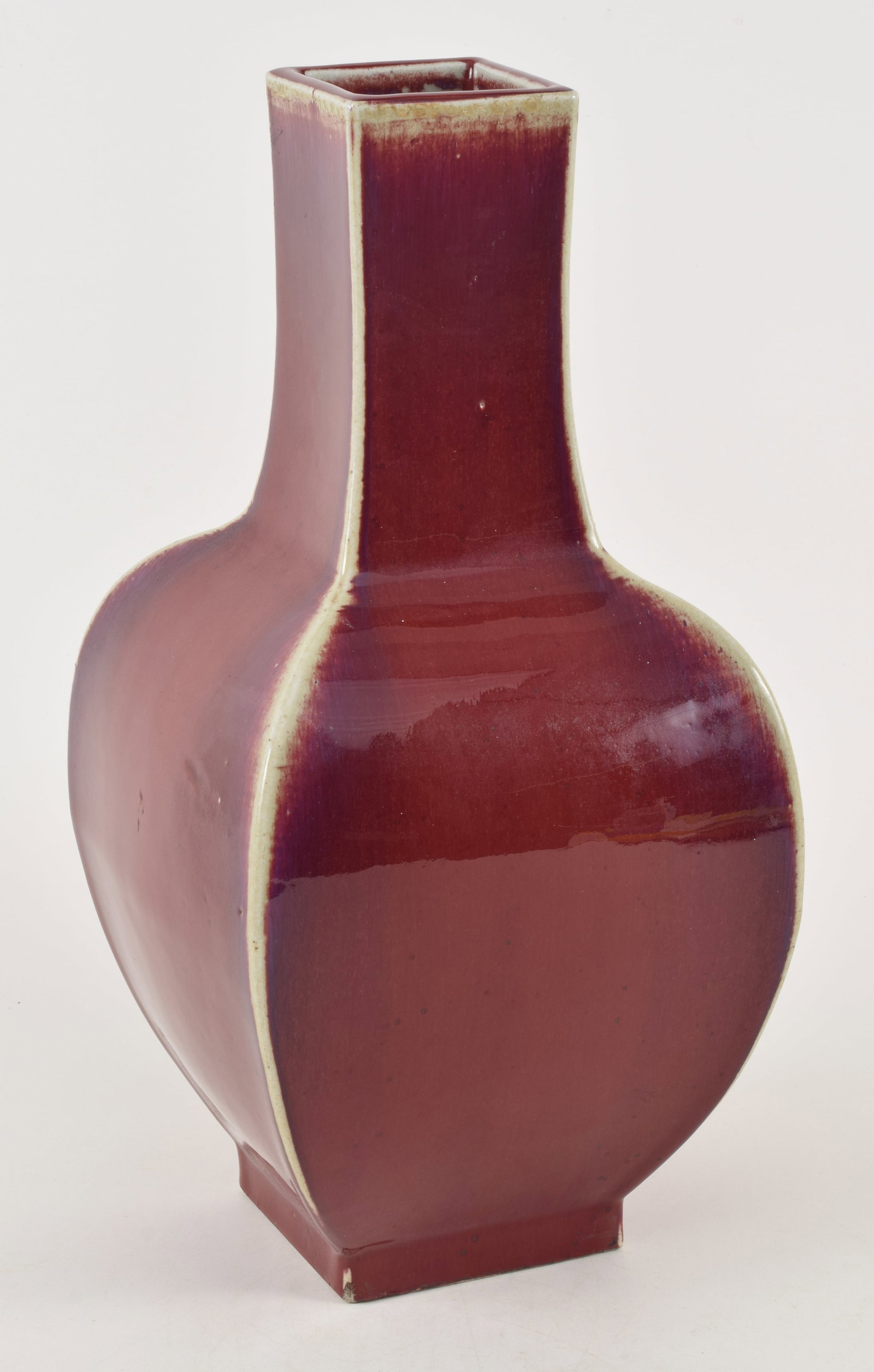 18th/19th century Chinese oxblood glaze square vase with bulbous body. Langyao decorated corners and (1 of 6)