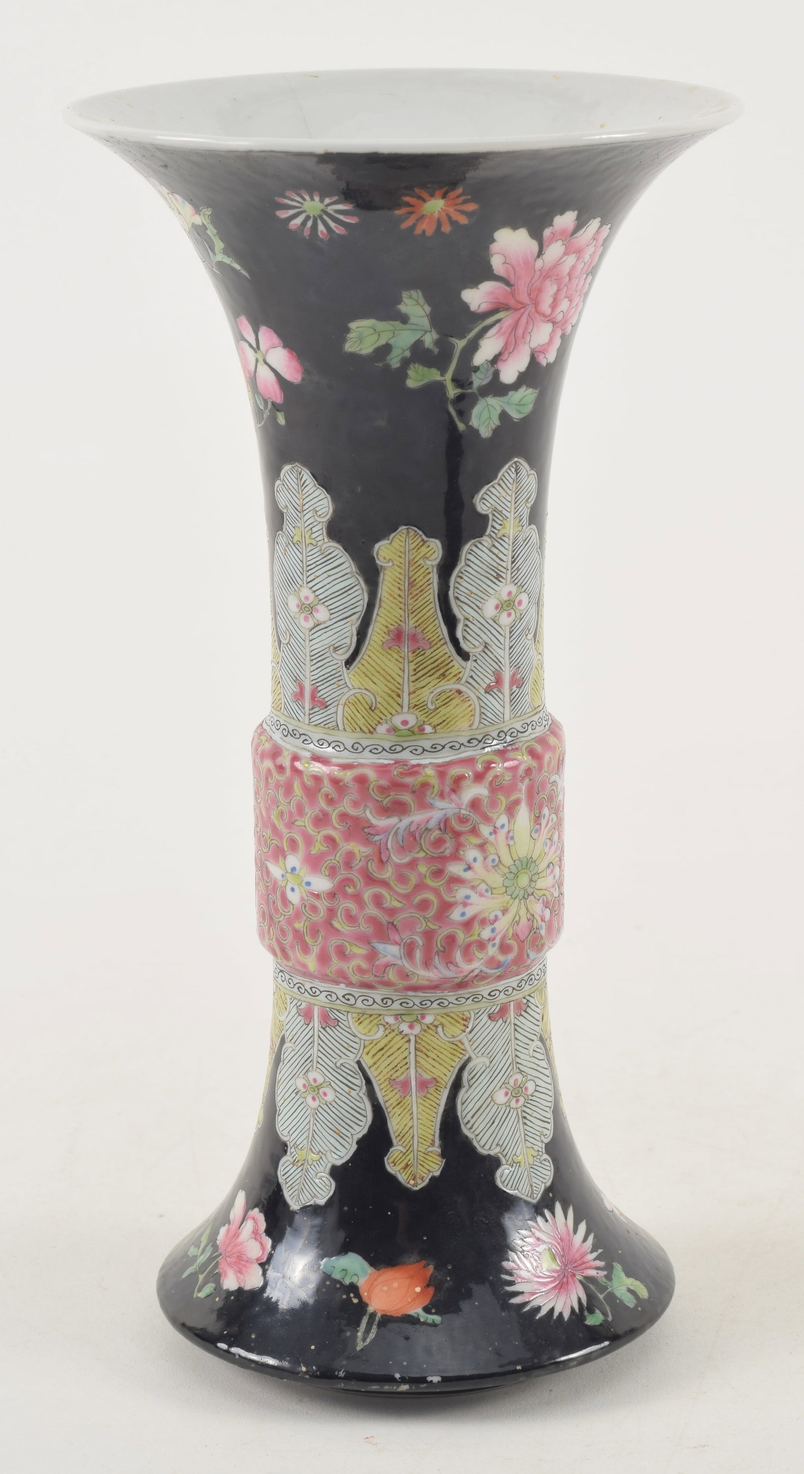 19th century Chinese black ground porcelain vase with famille rose floral decoration. Red Chien Lung: 19th century Chinese black ground porcelain vase with famille rose floral decoration. Red Chien Lung seal on base. 3in tight hairline crack from top down. Small ceiling paint small splatter marks arou