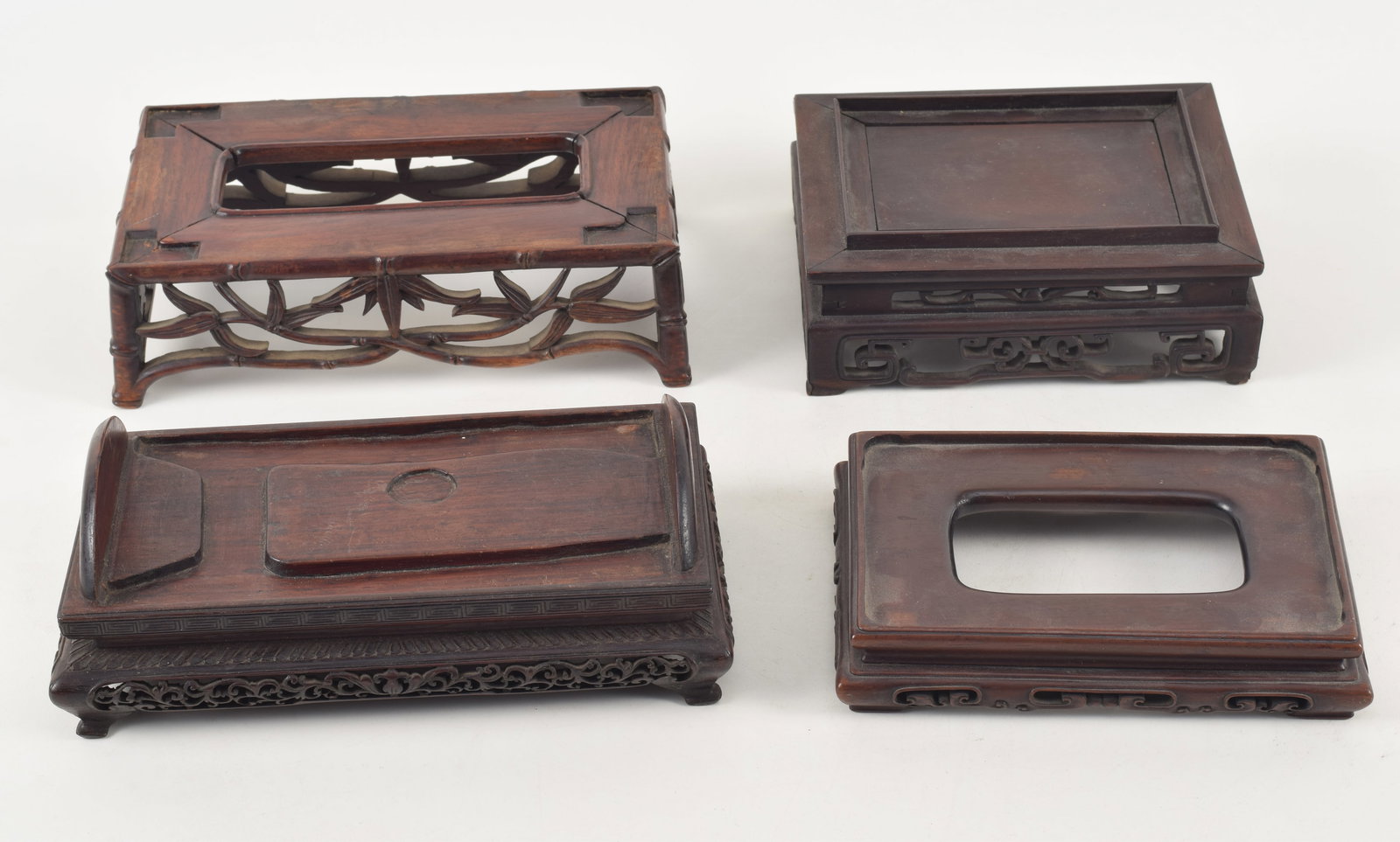 4 18th/19th century Chinese carved wood rectangular stands. Large stand with corner cutouts 9 x 5 x (1 of 12)