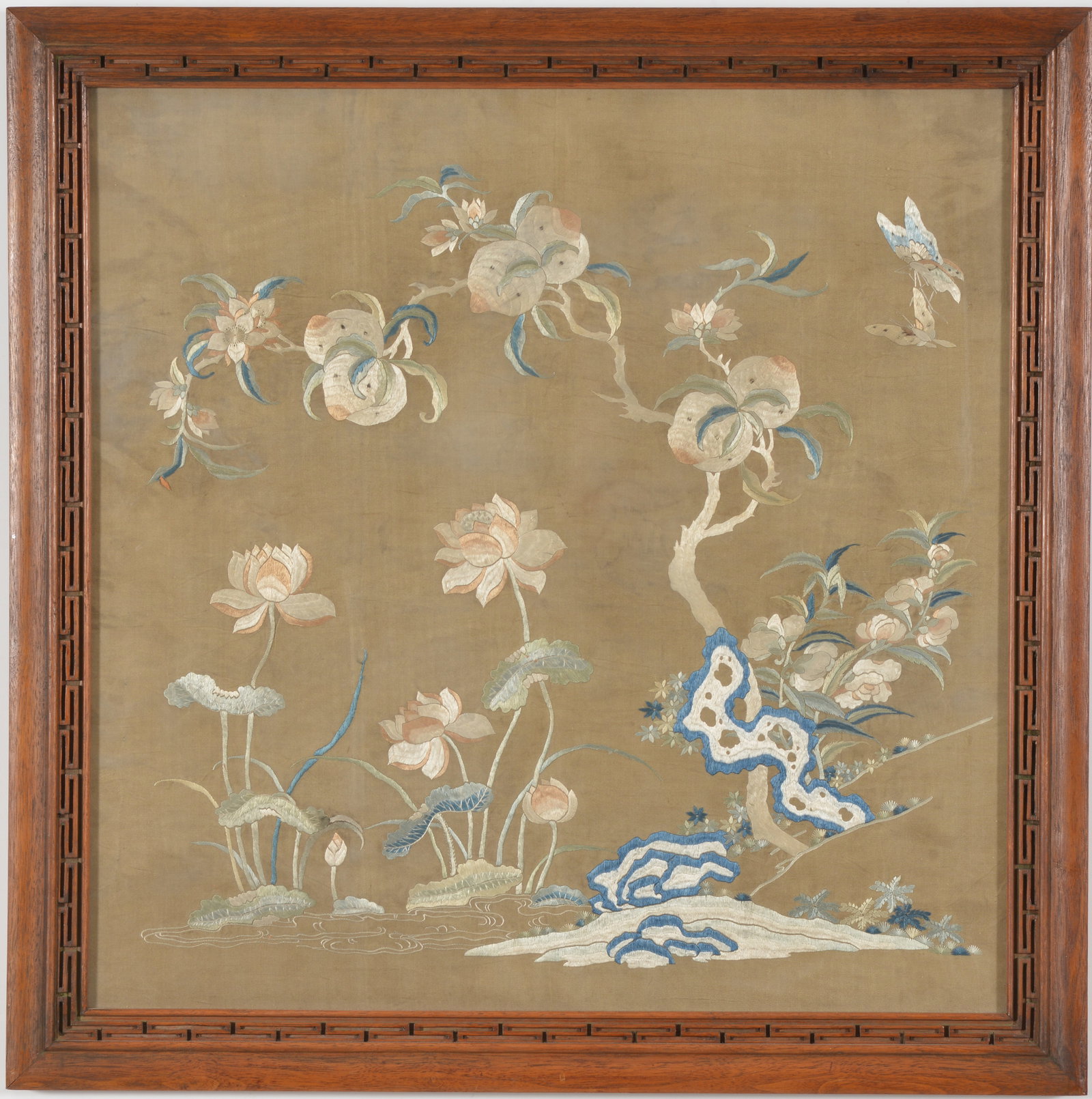 18th century Chinese silk embroidered panel. Flowers, butterflies, and peaches. Overall: 23.5in (1 of 7)
