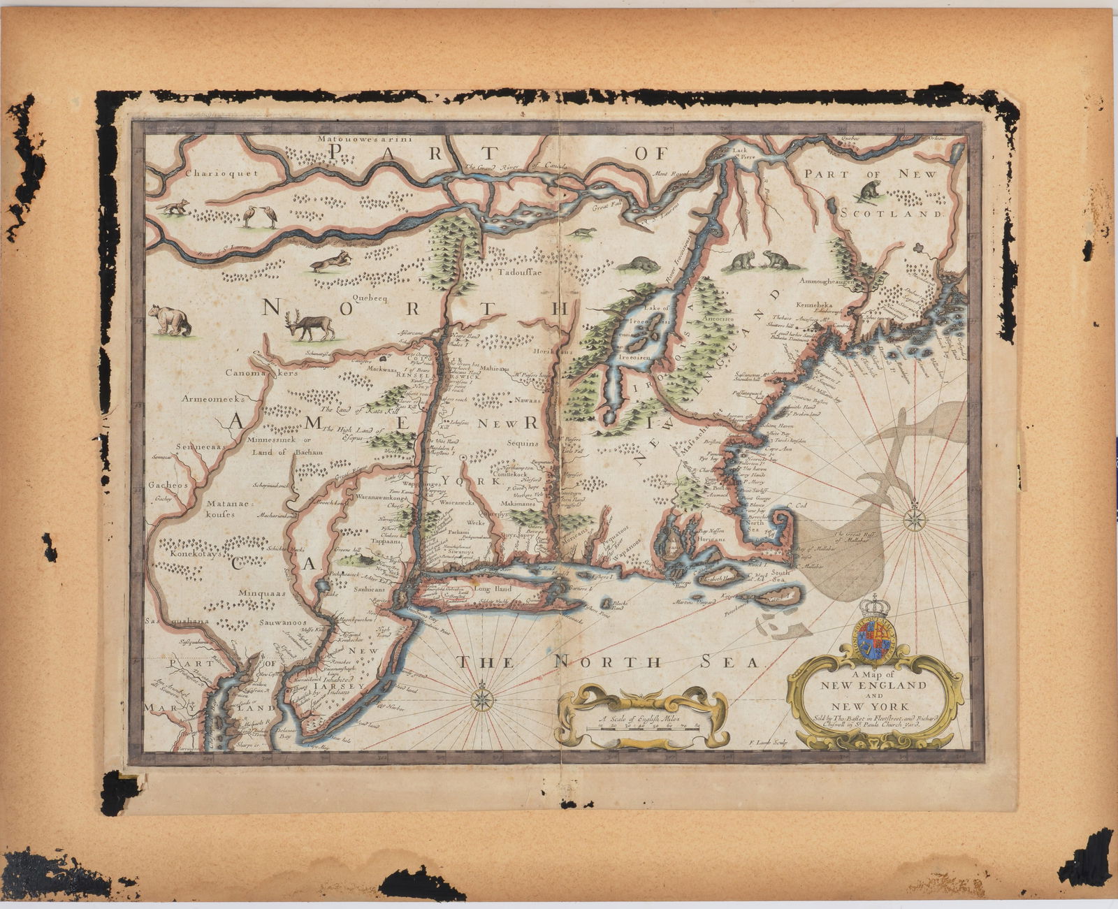 John Speed and Francis Lamb. "A Map of New England and New York". Ca. 1676. Hand colored engraved (1 of 8)
