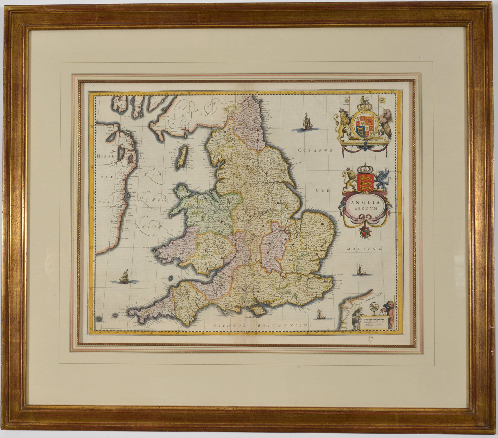 Willem Janszoon Blaeu. 17th century map of England and Wales. Hand colored. Some tearing along fold (1 of 9)