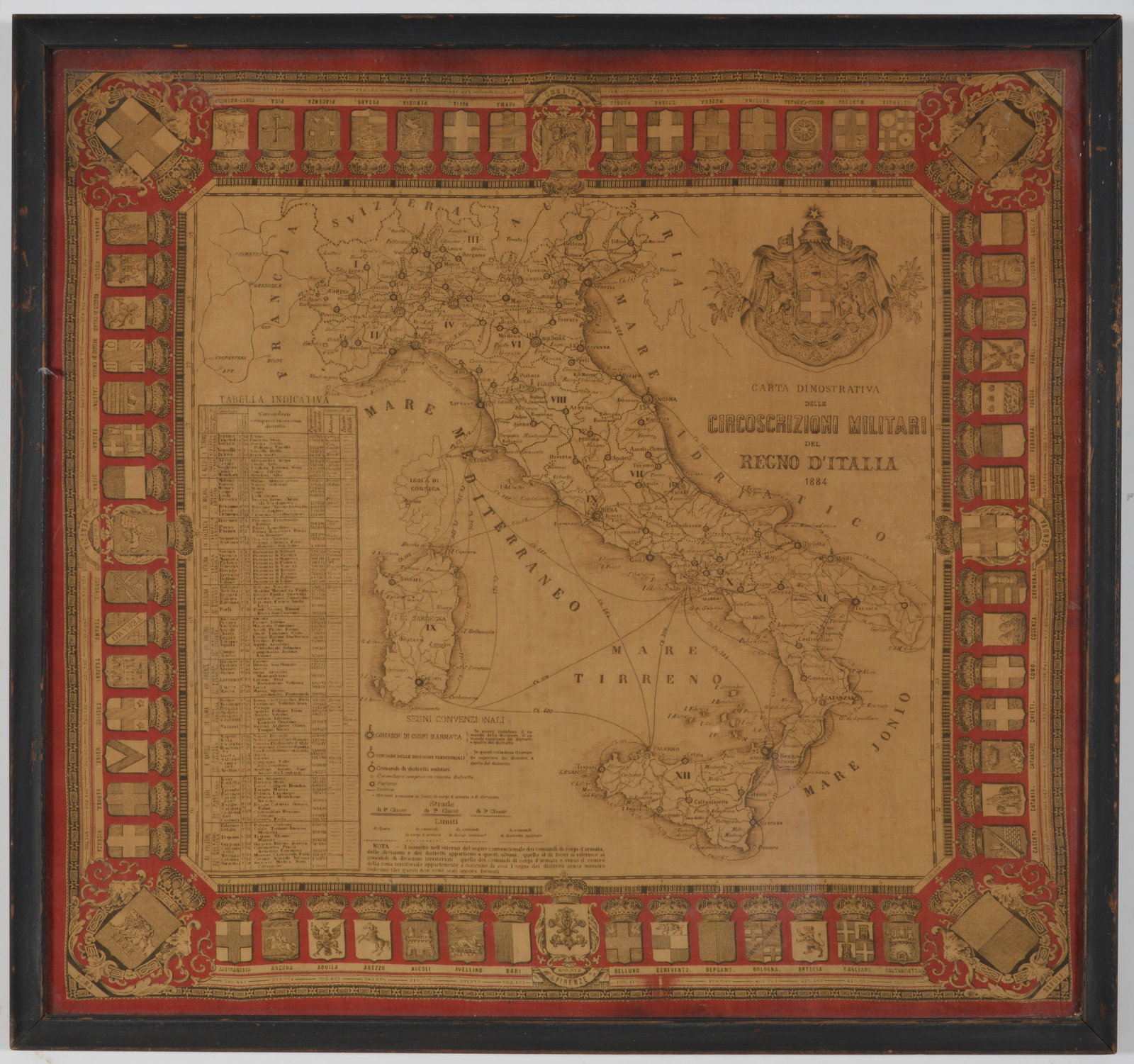 1884 cloth map of Italy. "Carta Di Mostrativa delle Circoscrizioni Milittari del Regno D'Italia". (1 of 8)